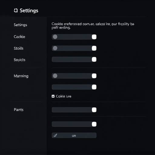 A clean, modern user interface design showing a settings panel with toggle switches for various options, including cookie preferences, rendered in a dark theme.