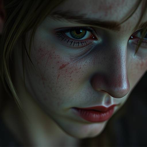 A close-up screenshot from The Last of Us Part II, showing Ellie's face contorted with grief and determination, with incredibly detailed skin textures, realistic tear tracks, and expressive eye rendering under dim lighting.