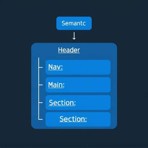 Diagram illustrating semantic HTML structure, showing nested elements like header, nav, main, and section, representing logical content organization.