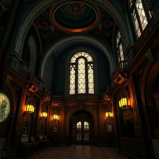 Screenshot from BioShock, showcasing the opulent and decaying Art Deco architecture of Rapture with detailed textures and atmospheric lighting.