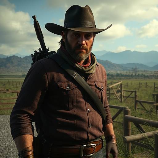 Screenshot from Red Dead Redemption 2, depicting Arthur Morgan in a weathered, realistic Western landscape with detailed textures and atmospheric lighting.