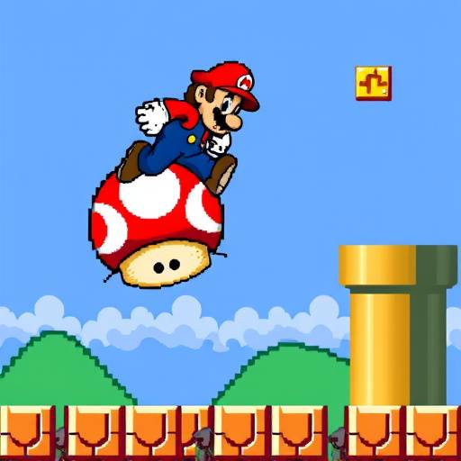 Screenshot from Super Mario Bros., featuring Mario jumping over a Goomba on a platform with a brick background, rendered with vibrant 8-bit pixel art.