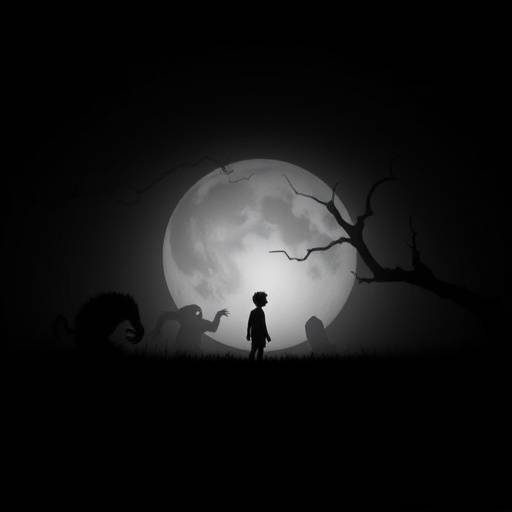 Screenshot from the game Limbo, featuring a black and white silhouetted character navigating a dark, minimalist environment with sparse, menacing shapes.