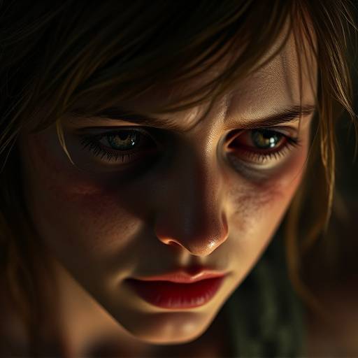 Screenshot from The Last of Us Part II, showing Ellie looking emotionally distraught with detailed facial features and realistic lighting reflecting her sorrow.