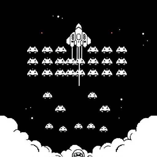 Screenshot of the arcade game Space Invaders, showing rows of blocky alien invaders descending on a player's spaceship, rendered in monochrome pixels.